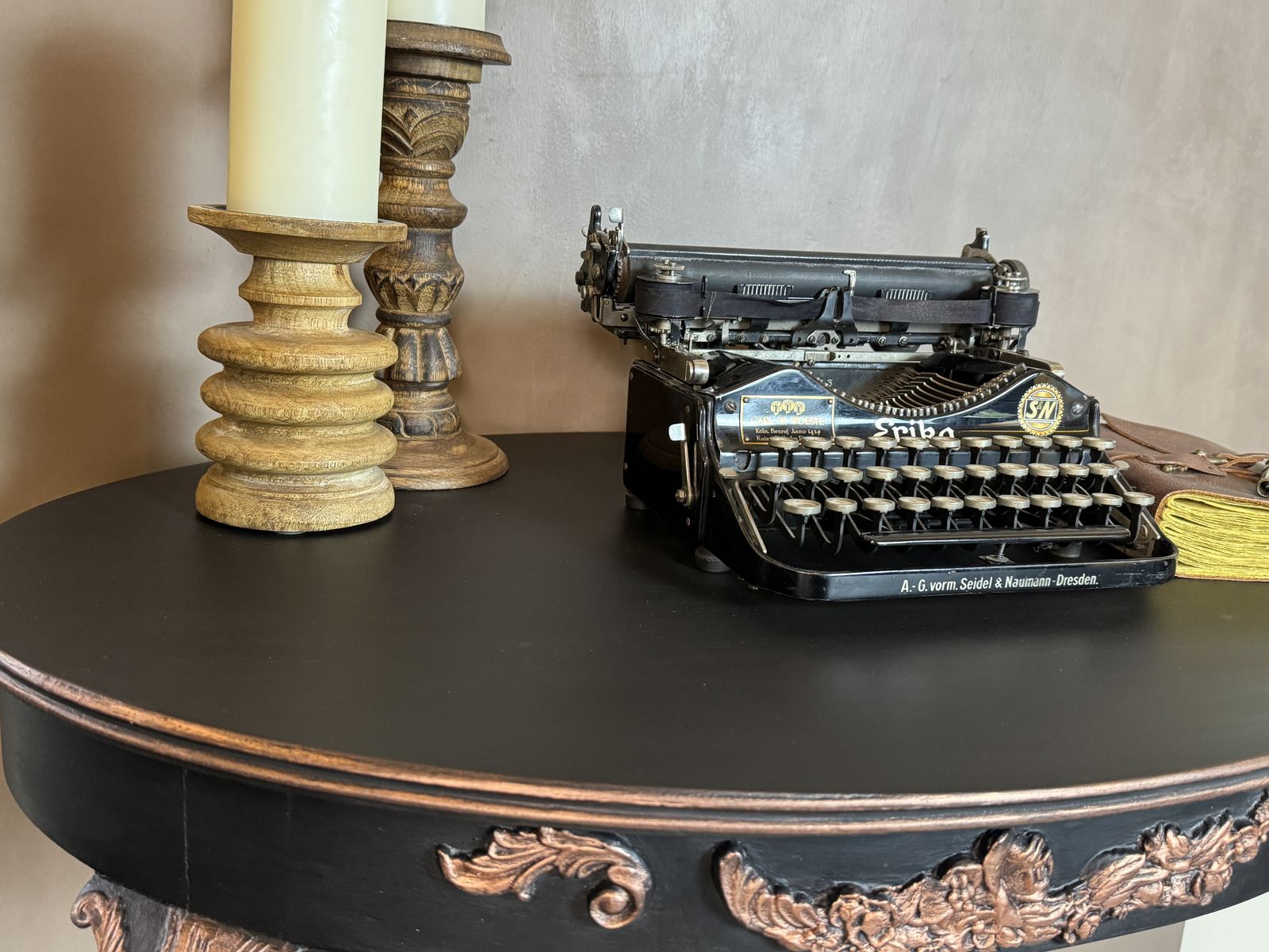 Vintage Solid Walnut Console | The Phoenix | Ball & Claw Feet | Hand Painted In Rustoleum Natural Charcoal | Copper Accents photo 180.0