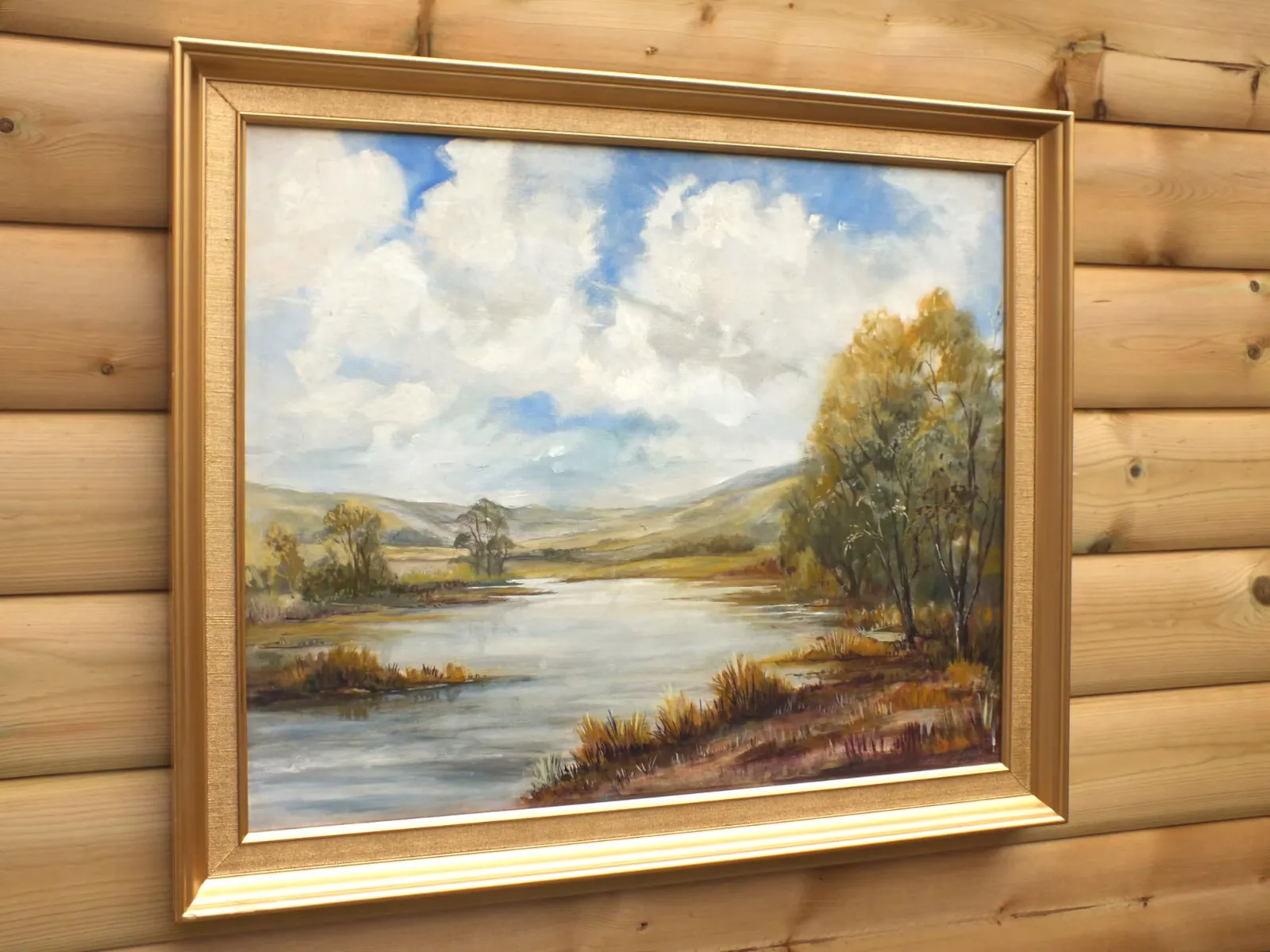 Large Vintage Original Framed Oil Painting River Landscape 21x25 Inches photo vintage