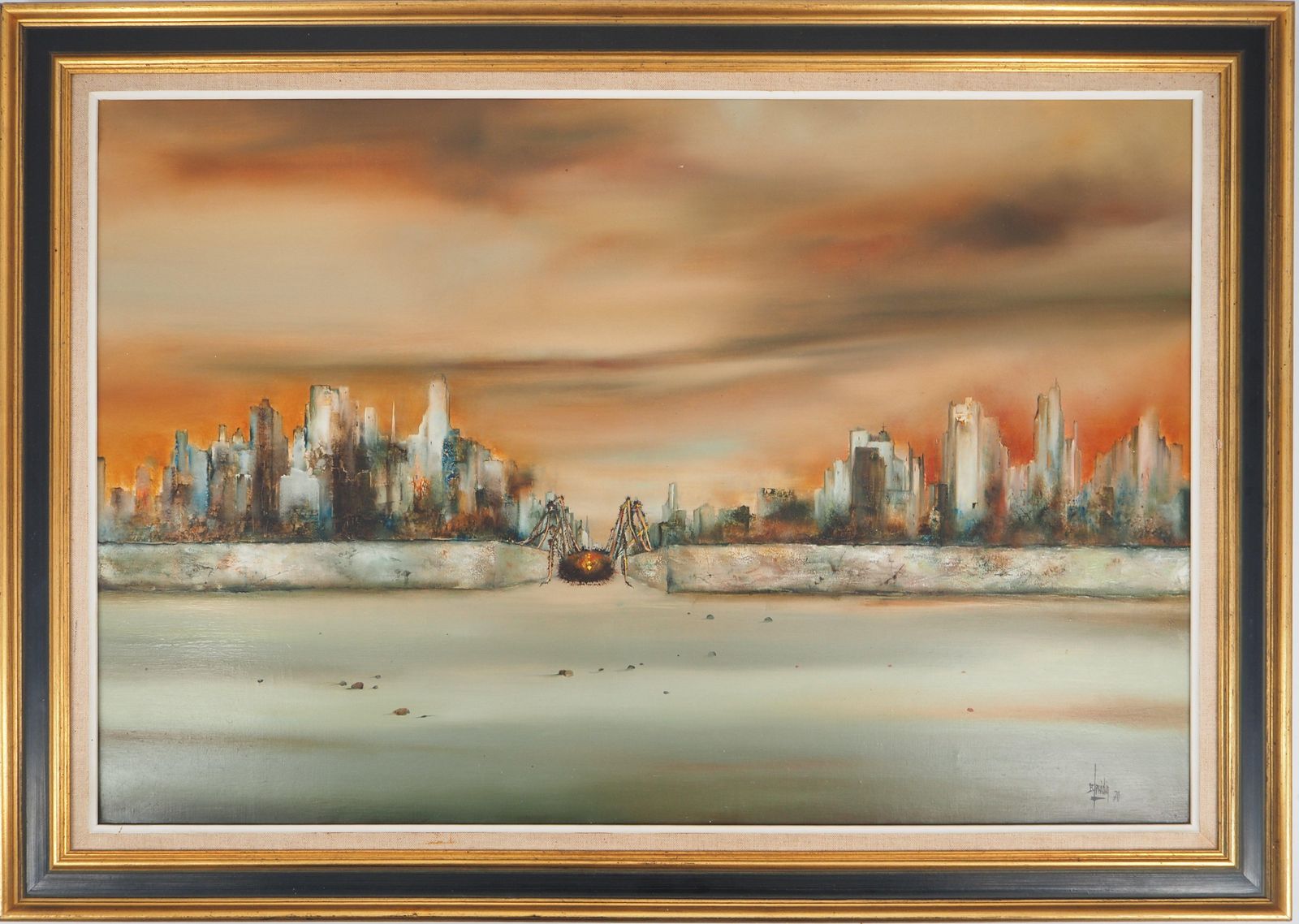 Bernard Louedin Fantasy : Spider On The City   Original Oil On Canvas, Handsigned 1970