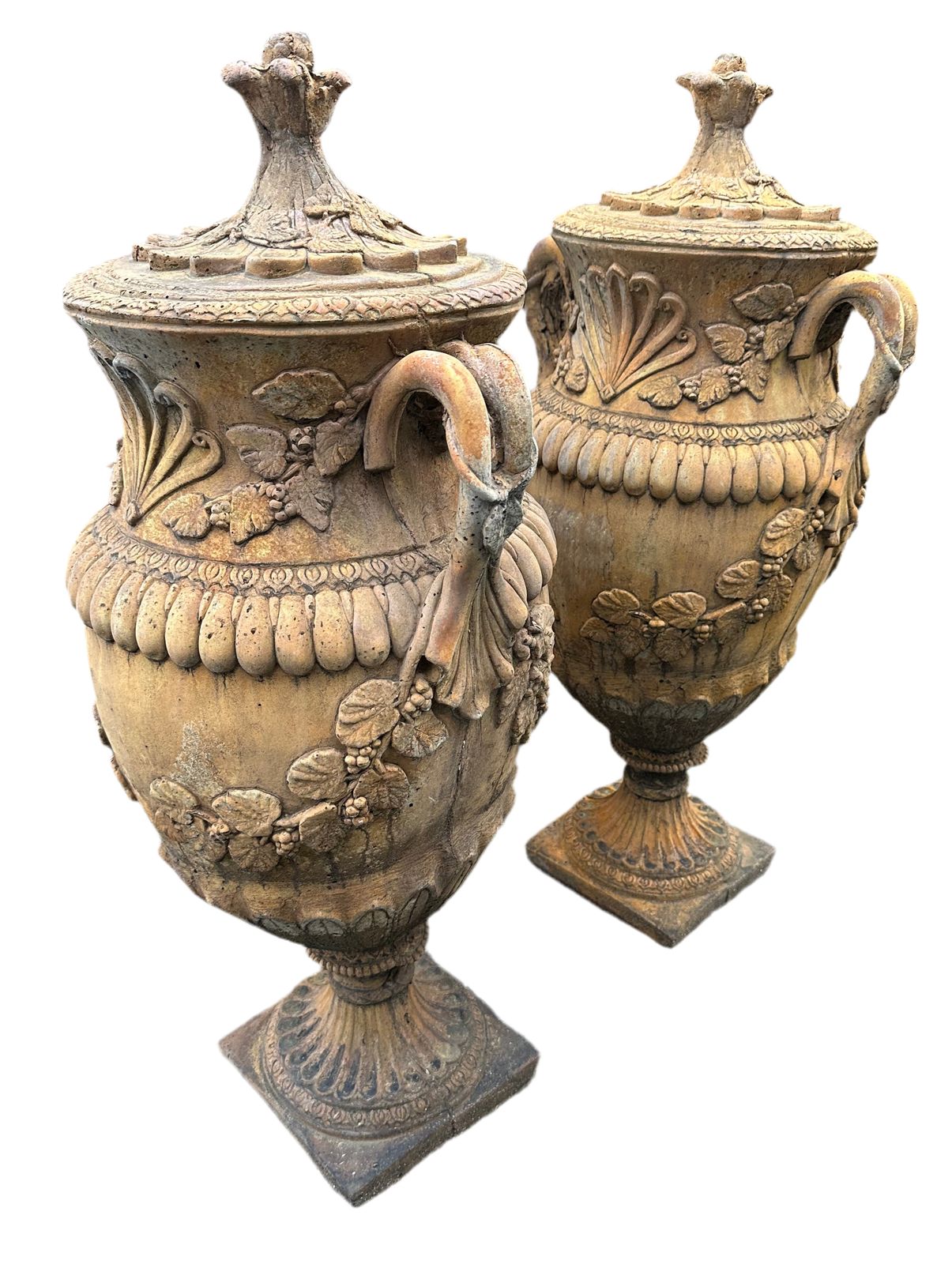 Stunning French Pair Of Matching Stone Urns, Lovely Patina And Colour
