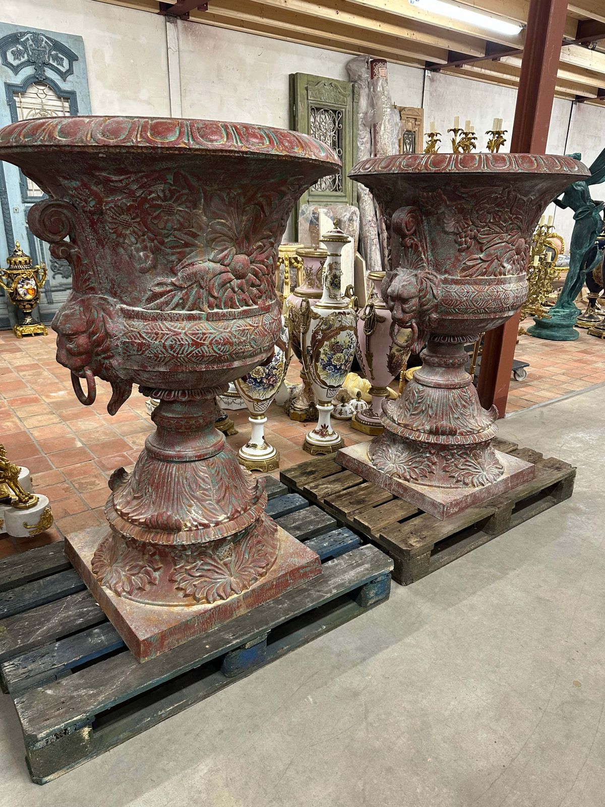 Huge, 5ft Original French Painted Cast Iron Urns, Pair photo furniture