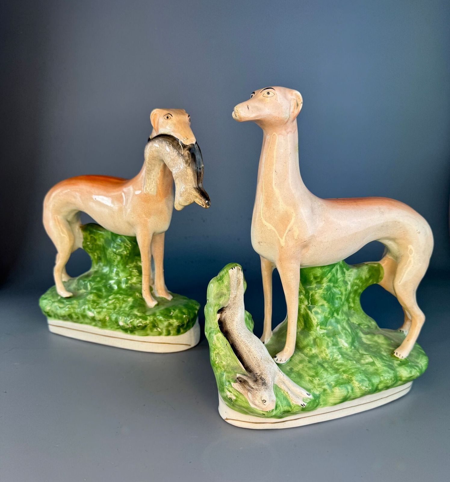 'Hares & Graces'   Large Pair Of Victorian Staffordshire Greyhounds With Hares