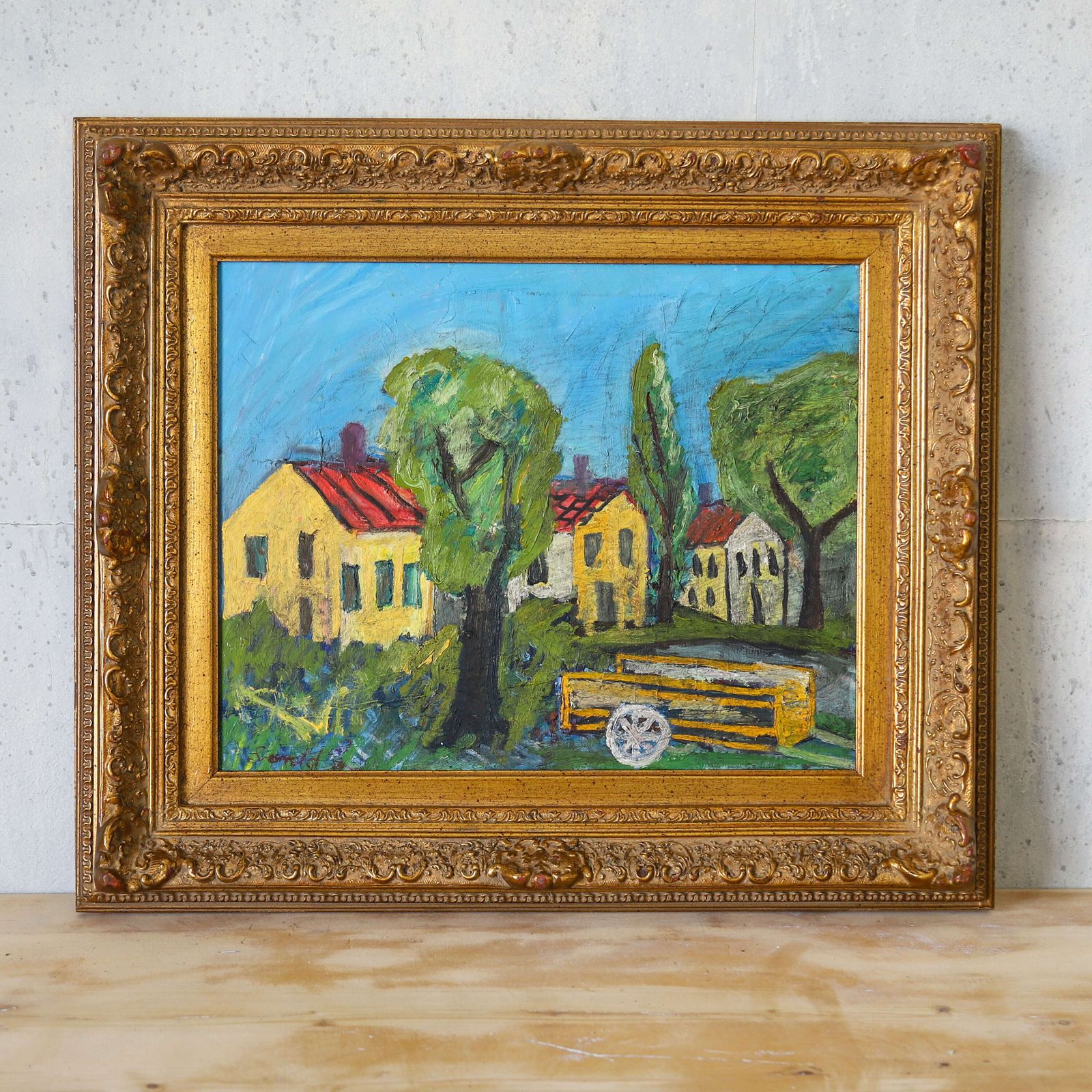 1940s English Naïve Farm Scene Oil Painting   Timeless Rural Charm photo furniture