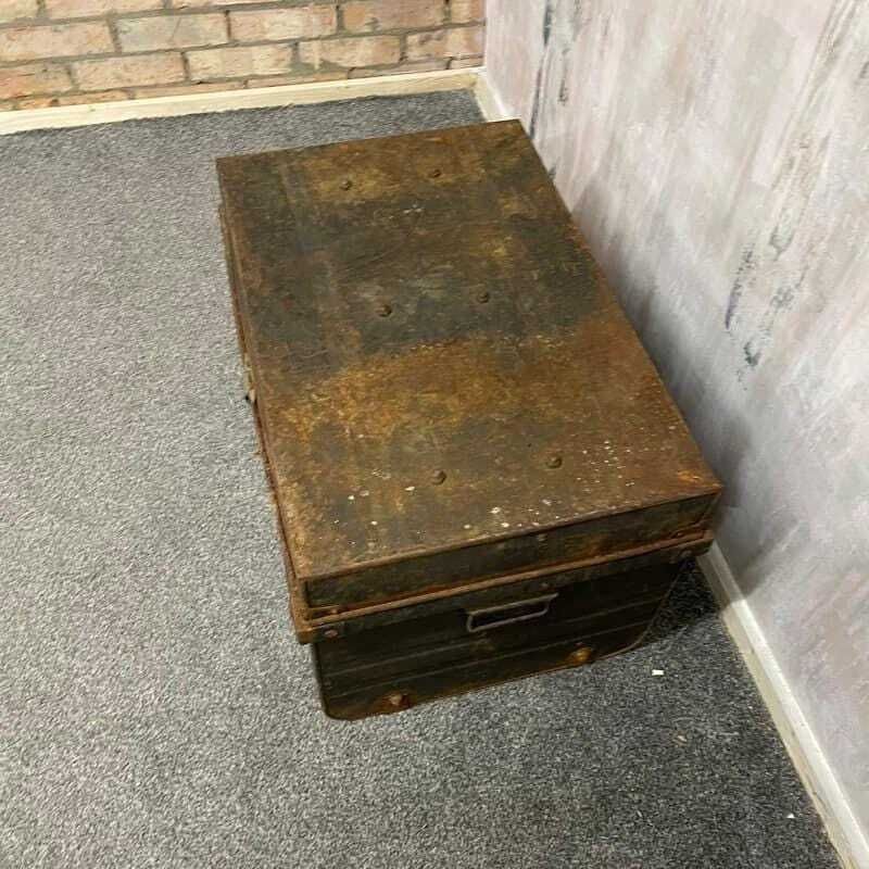 Vintage Black Metal Trunk With Latch And Side Handles Rusted Patina photo furniture
