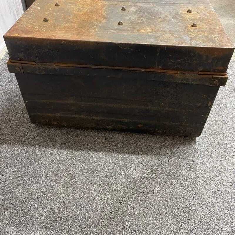 photo furniture Vintage Black Metal Trunk With Latch And Side Handles Rusted Patina