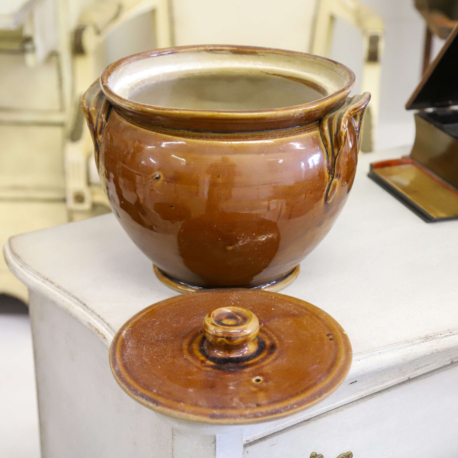 French Early 20th Century Terre De Fer Brown Glazed Serving Bowl Or Flour Bowl With Lid photo Home Decor