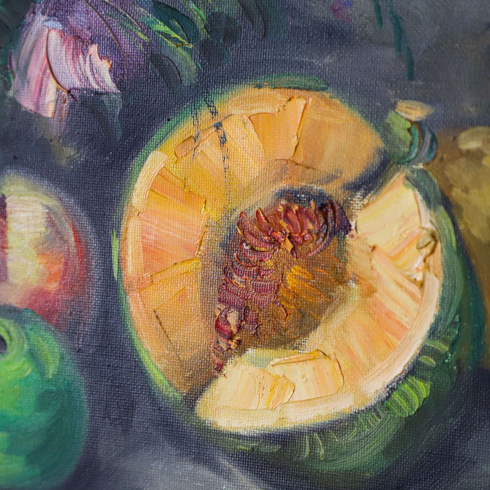 Charming English Still Life: Anemones & Fruit, 1940s 50s, Gilt Moulded Frame photo 595.0