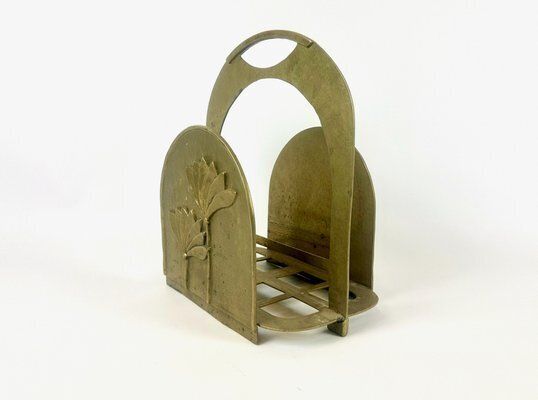 Brutalist Brass Magazine Rack With Floral Elements, 1970s