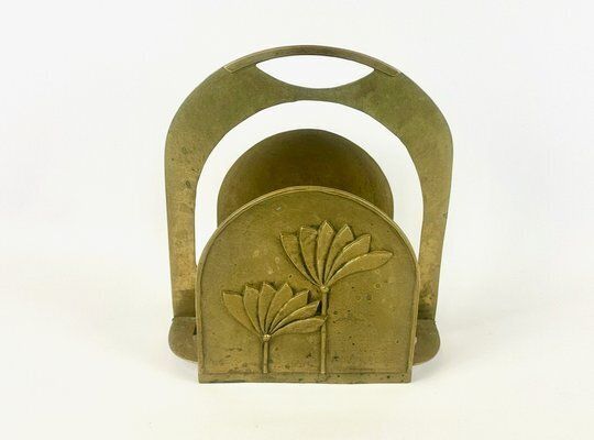 Brutalist Brass Magazine Rack With Floral Elements, 1970s photo furniture