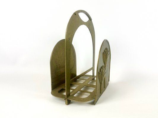 Brutalist Brass Magazine Rack With Floral Elements, 1970s photo for sale
