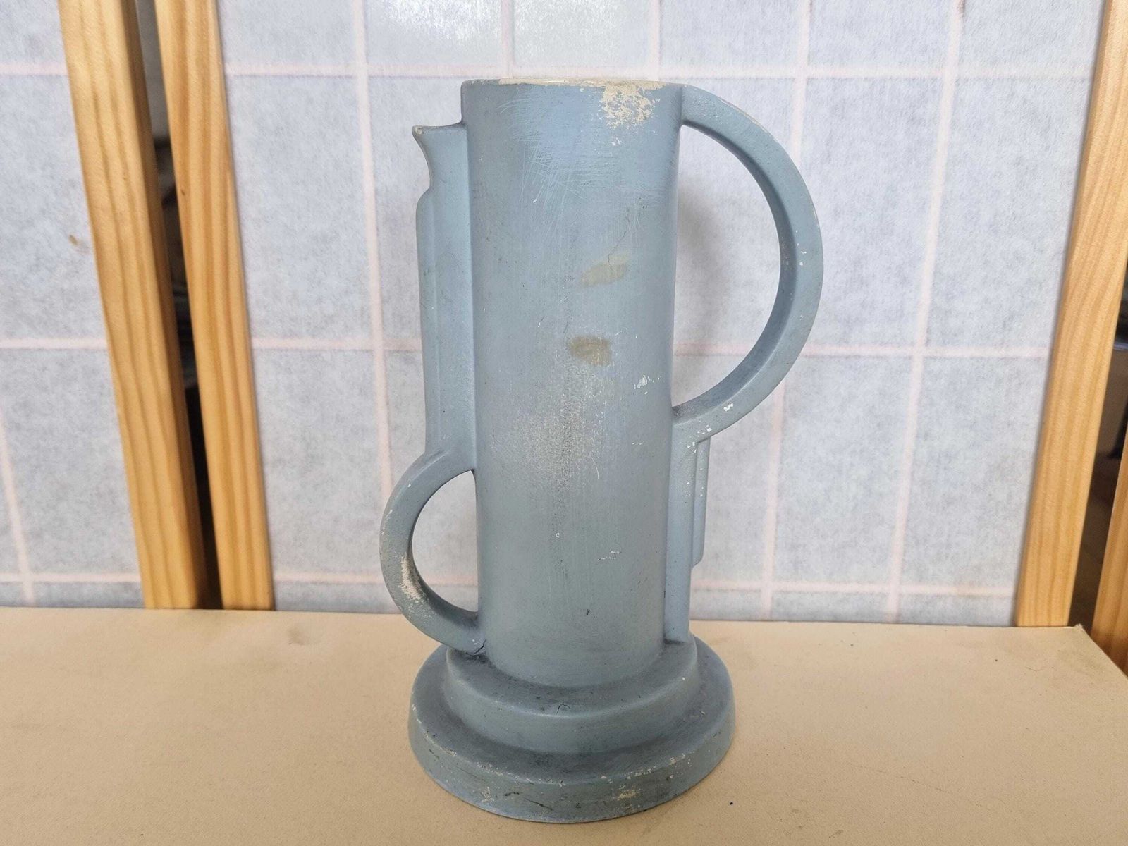 Art Deco Plaster Jug | Continental Design | Stylized Handle Spout | Circular Stepped Base | Vintage Blue Green Pottery | Classic Period