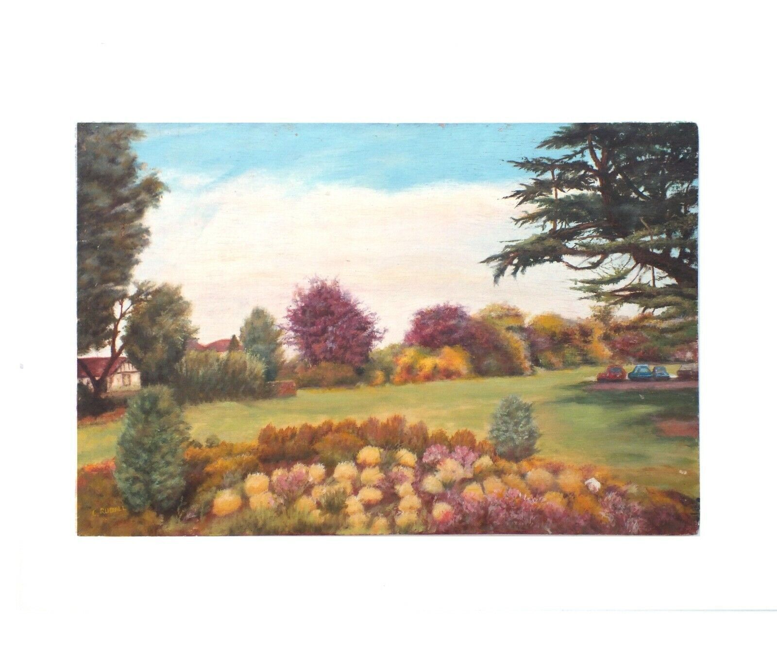 English Landscape Oil Painting Original Unframed Signed Country Garden Scene photo furniture