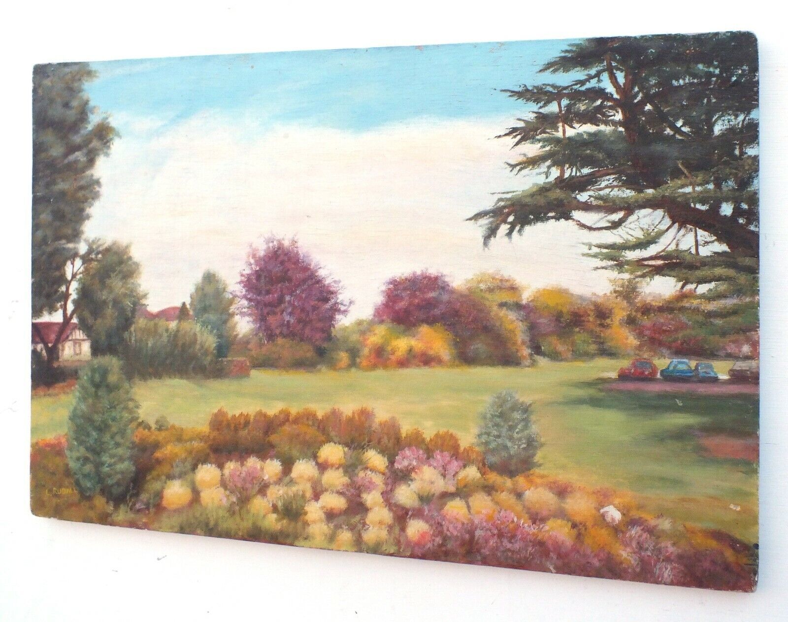 English Landscape Oil Painting Original Unframed Signed Country Garden Scene photo Art