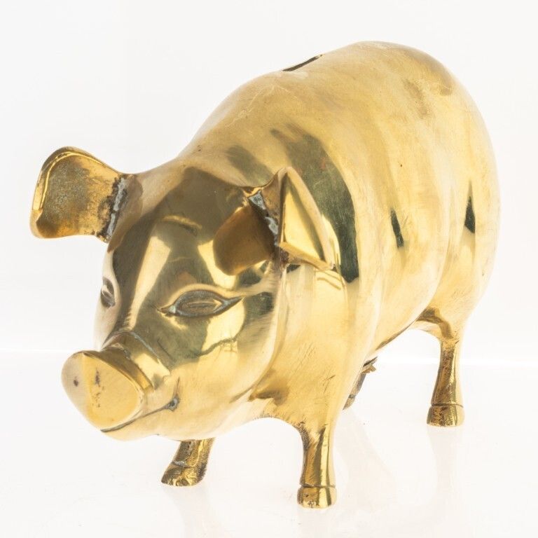 Antique Brass Pig Coin Bank Sculpture
