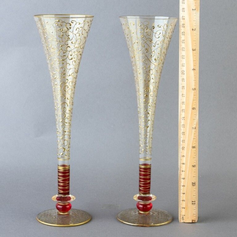 Pair Of Tall Venetian Hand Blown Gilt Glasses photo for sale