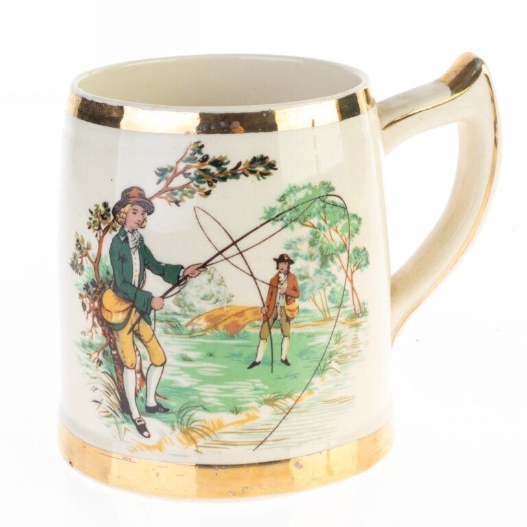 Royal Norfolk Gilt Porcelain Ceramic Fishing Scene Mug