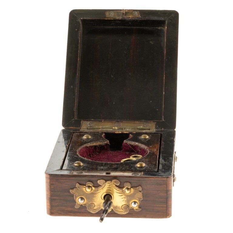 Antique Chased Brass Mounted Pocket Fob Watch Wood Box With Key 19th Century photo furniture