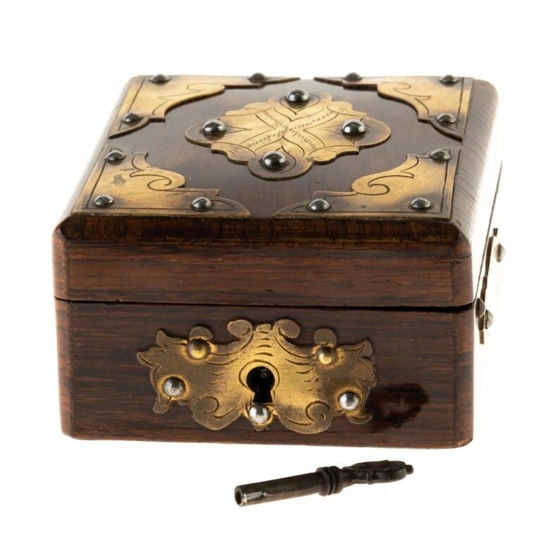 Antique Chased Brass Mounted Pocket Fob Watch Wood Box With Key 19th Century photo 175.0