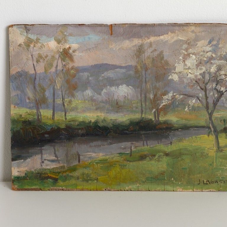 J Lagasse Signed Antique Landscape Oil Painting On Panel photo furniture