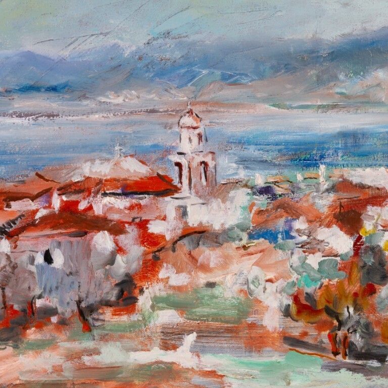 Large French Coastal Town Landscape Oil Painting Signed photo for sale