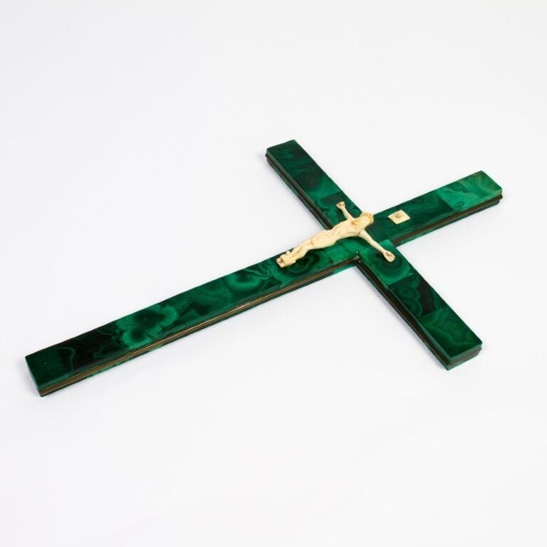 Antique Large African Inlaid Malachite Crucifix Religious Cross With Corpus Christi 19th Century photo furniture