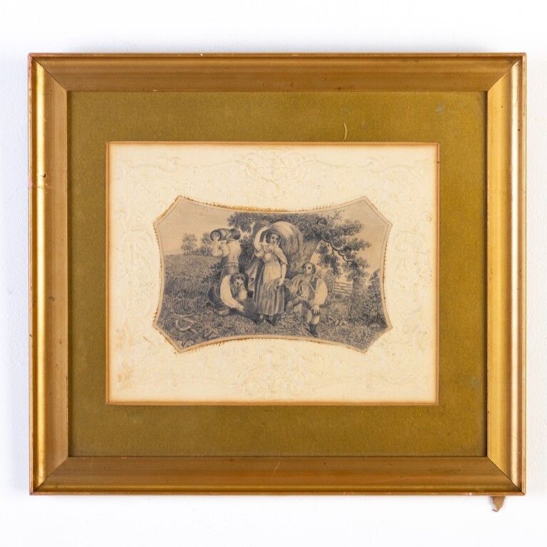 Antique Early Victorian Embossed Paper Figures In A Landscape Signed Susan Harris & Dated 1831