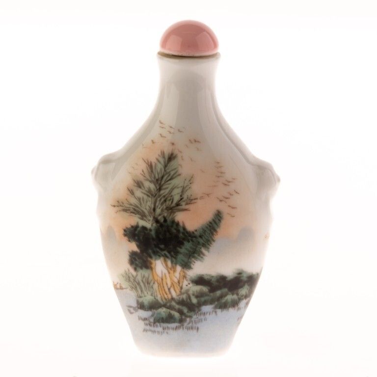 Mid Century Signed Chinese Hand Painted Landscape & Fisherman Porcelain Ceramic Snuff Bottle photo furniture