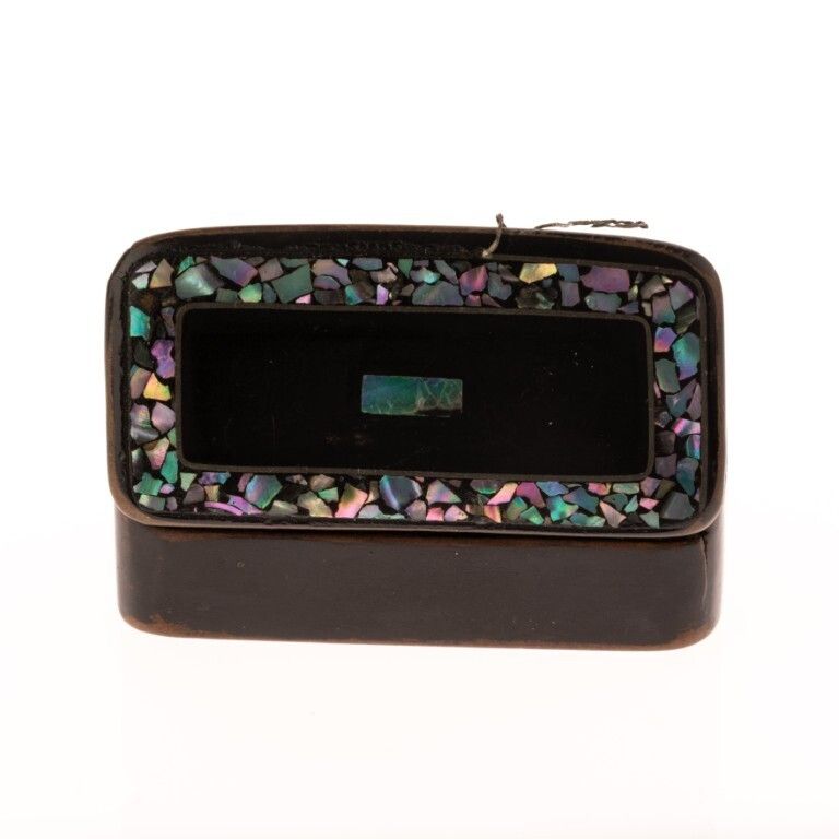 Antique Victorian Inlaid Abalone Shell & Lacquered Papier Mache Snuff Box 19th Century