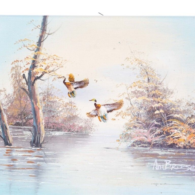 John Ambrose Rsma (1931 2010) Signed Flying Ducks Oil Painting On Canvas photo furniture