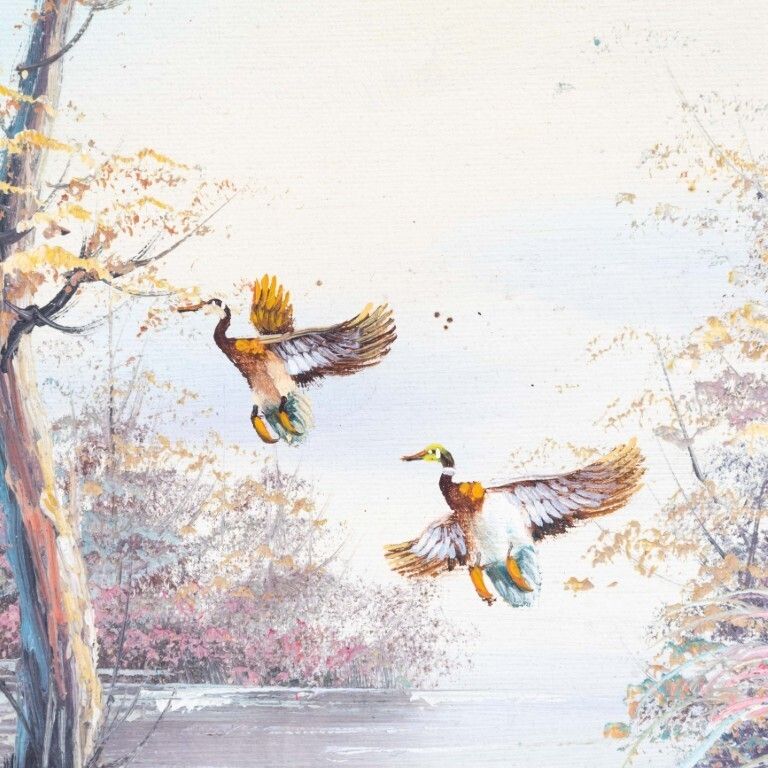 John Ambrose Rsma (1931 2010) Signed Flying Ducks Oil Painting On Canvas photo Art