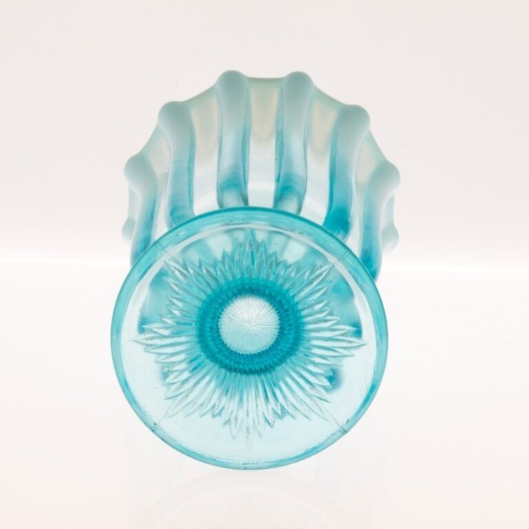 Antique Davidson Opalescent Victorian “Brideshead” Blue Pearline Pressed Glass Celery Vase photo furniture