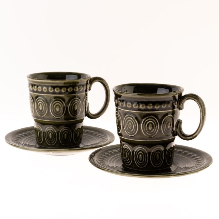 Pair Of Mid Century Retro Glazed Green Ceramic Cups And Saucers