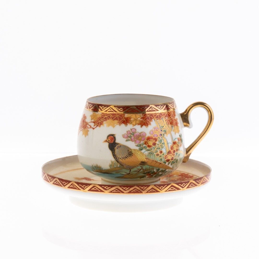 Mid Century Japanese Hand Painted Exotic Birds Kutani Porcelain Teacup And Saucer photo furniture