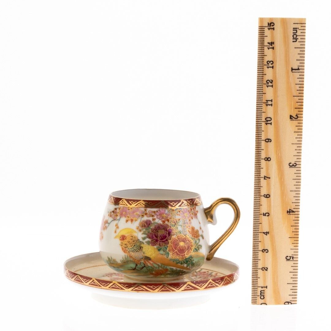 Mid Century Japanese Hand Painted Exotic Birds Kutani Porcelain Teacup And Saucer photo for sale