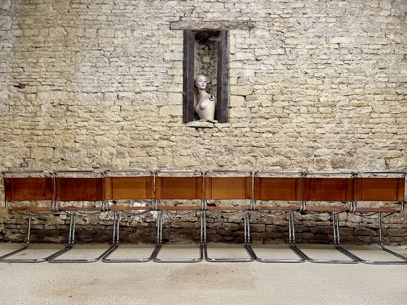 12 Dining Chairs Mart Stam Marcel Breuer S33 Set Of Twelve Fasem Chrome Tan Brown Cognac Leather Cantilever Bauhaus 12 Mid Century Dining Chairs photo for sale
