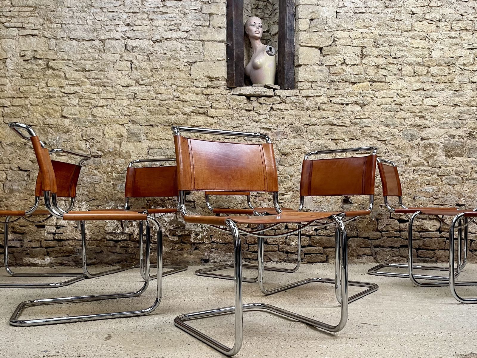12 Dining Chairs Mart Stam Marcel Breuer S33 Set Of Twelve Fasem Chrome Tan Brown Cognac Leather Cantilever Bauhaus 12 Mid Century Dining Chairs photo vinterior