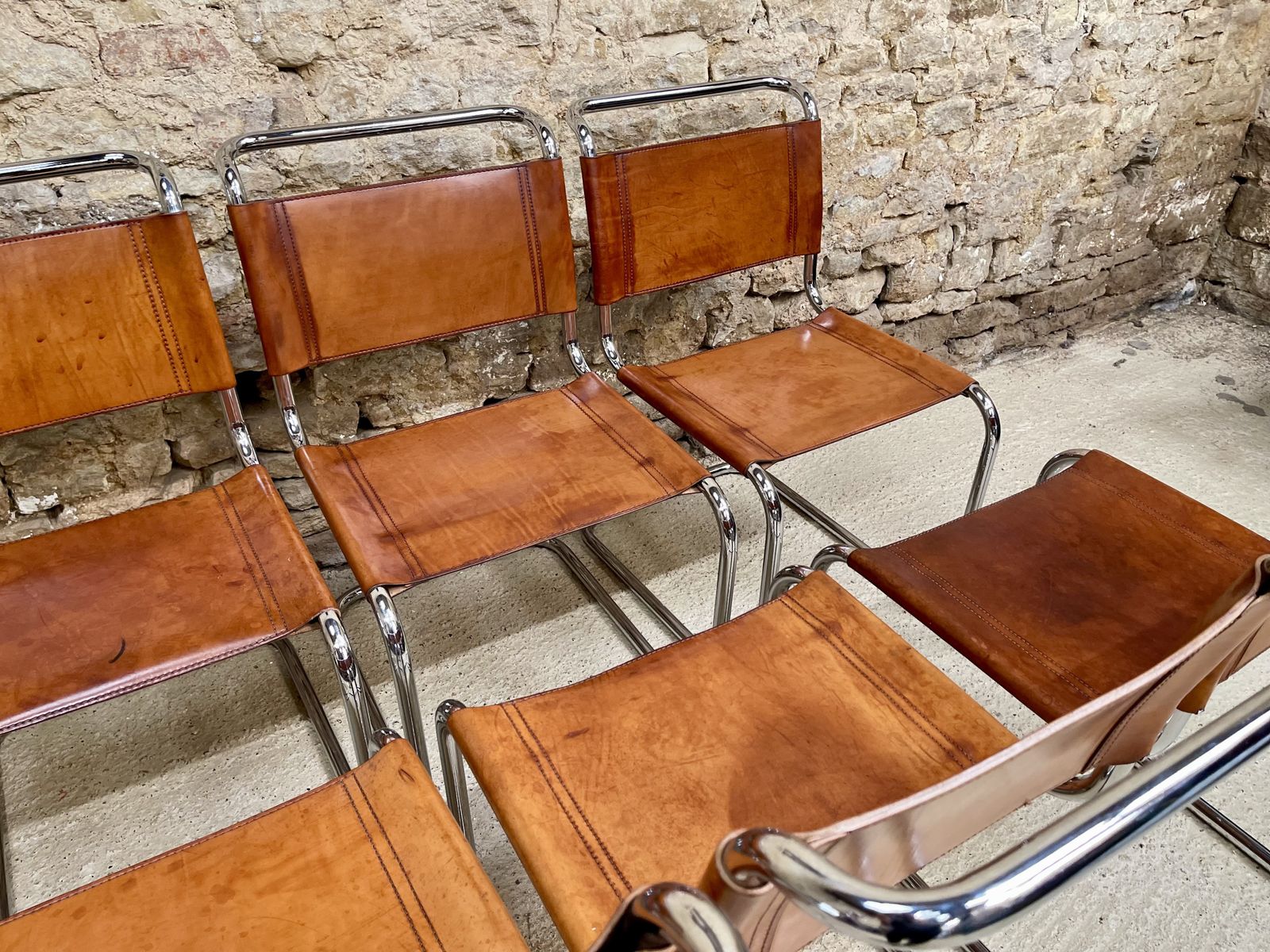 photo for sale 12 Dining Chairs Mart Stam Marcel Breuer S33 Set Of Twelve Fasem Chrome Tan Brown Cognac Leather Cantilever Bauhaus 12 Mid Century Dining Chairs