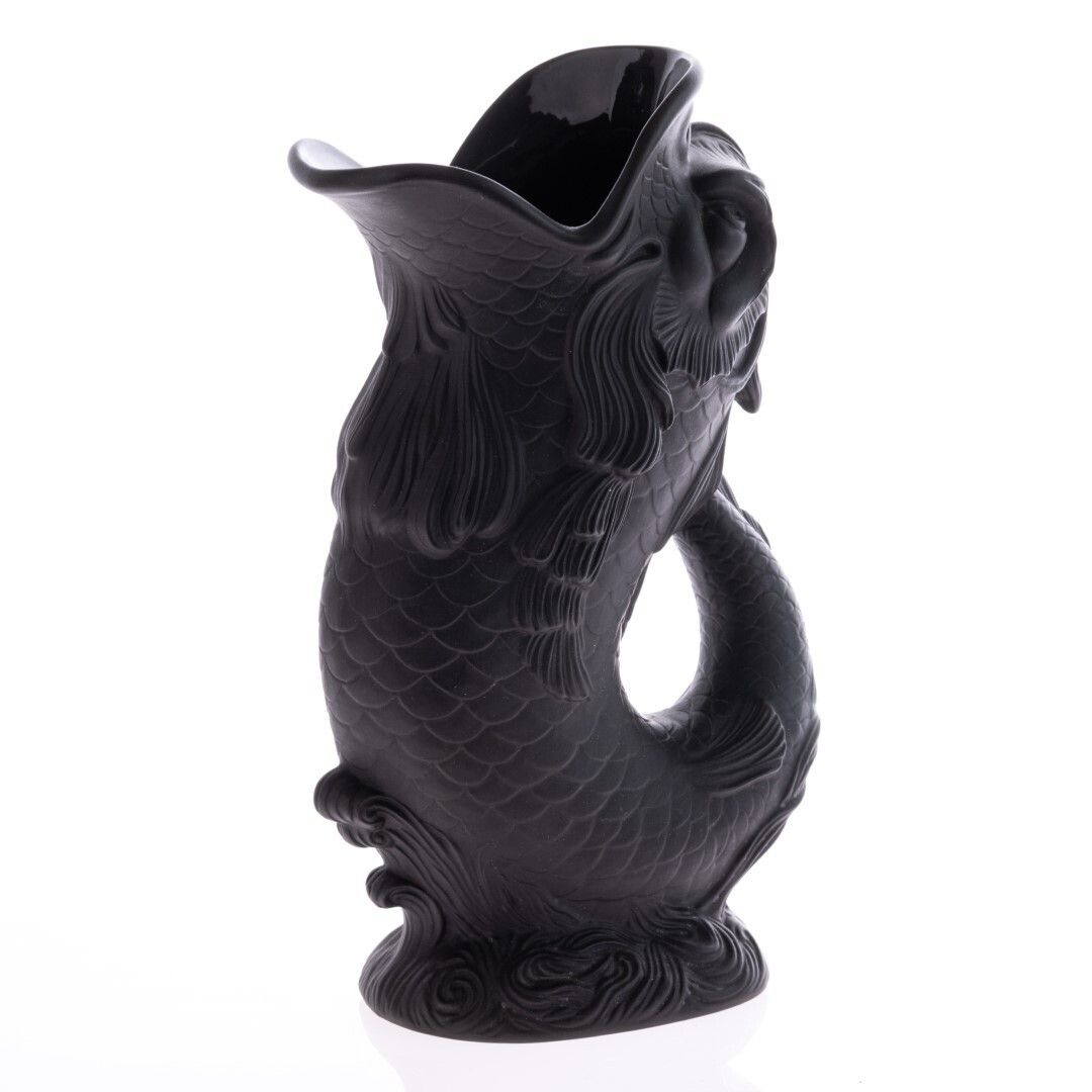 Rare Antique Wedgwood Black Basalt Jasperware Dolphin Fish Gluggle Jug