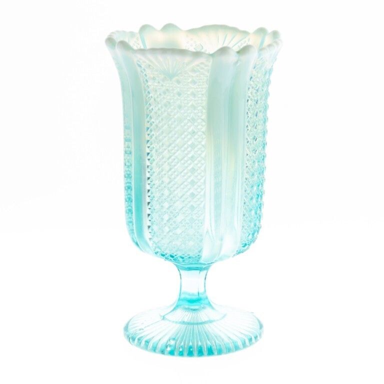 Antique Davidson Opalescent Victorian “Richelieu” Blue Pearline Pressed Glass Celery Vase