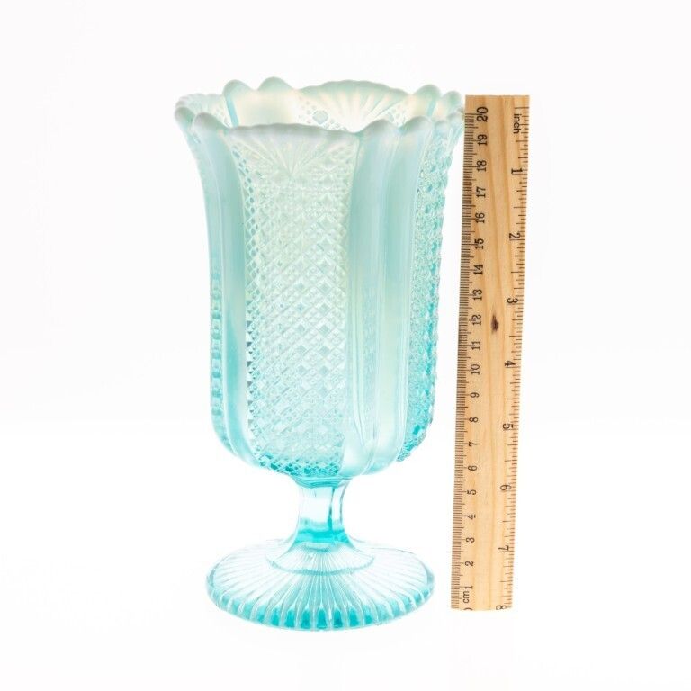 Antique Davidson Opalescent Victorian “Richelieu” Blue Pearline Pressed Glass Celery Vase photo for sale