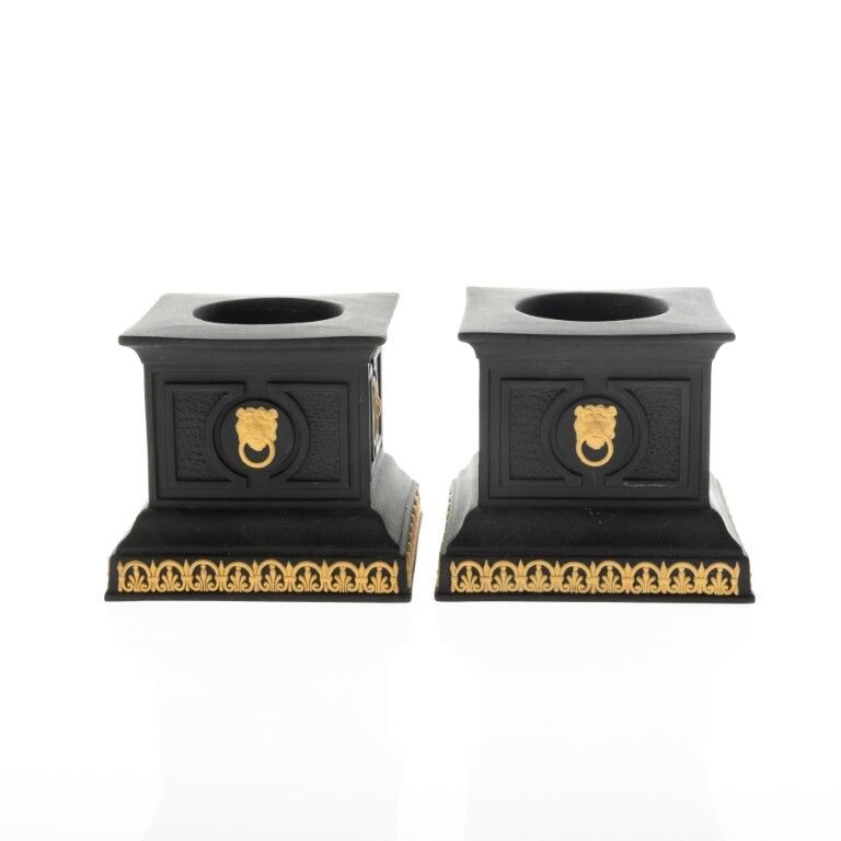 Wedgwood Set Of Black & Cane Jasperware Candle Holders With Lion Heads