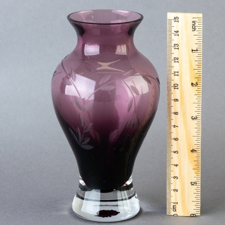 Scottish Caithness Amethyst Etched Glass Floral Baluster Vase photo for sale