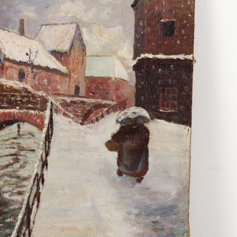 Antique Signed 1909 Oil Painting On Canvas Depicting A Figure Walking Alongside A Winter Bridge photo for sale