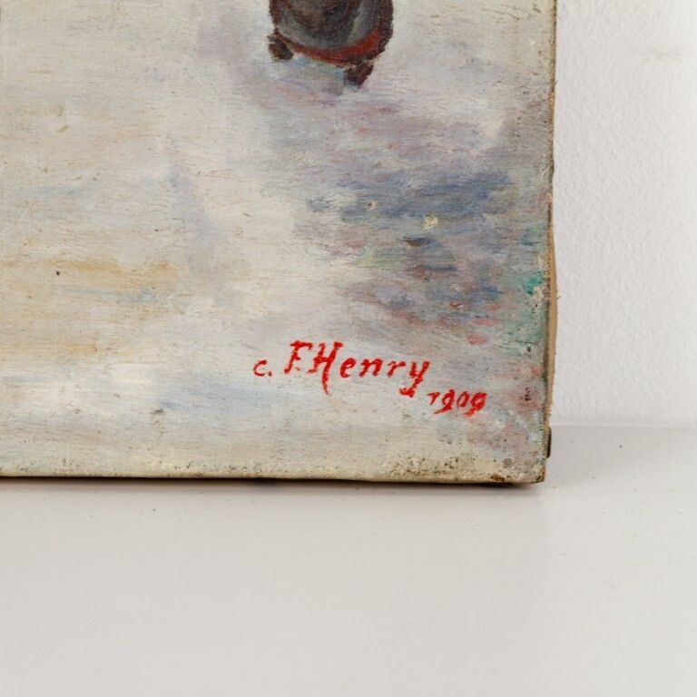 Antique Signed 1909 Oil Painting On Canvas Depicting A Figure Walking Alongside A Winter Bridge photo 275.0
