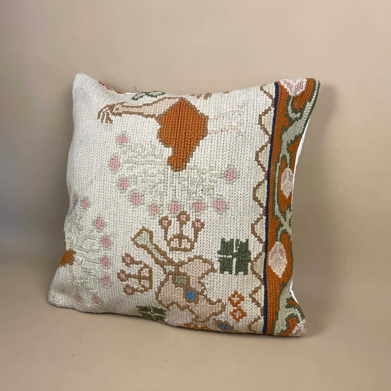 Antique Kilim Cushion Moroccan Rug Carpet Pillow Feather Filled Handwoven Patterned 46x46cm Scatter Vintage Square Pattern Cream Bird photo Textiles