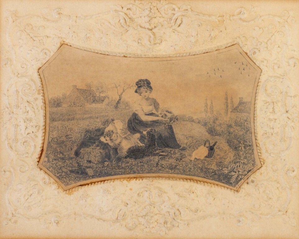 Antique Early Victorian Embossed Paper Figures In A Landscape Signed Susan Harris & Dated 1832 photo furniture