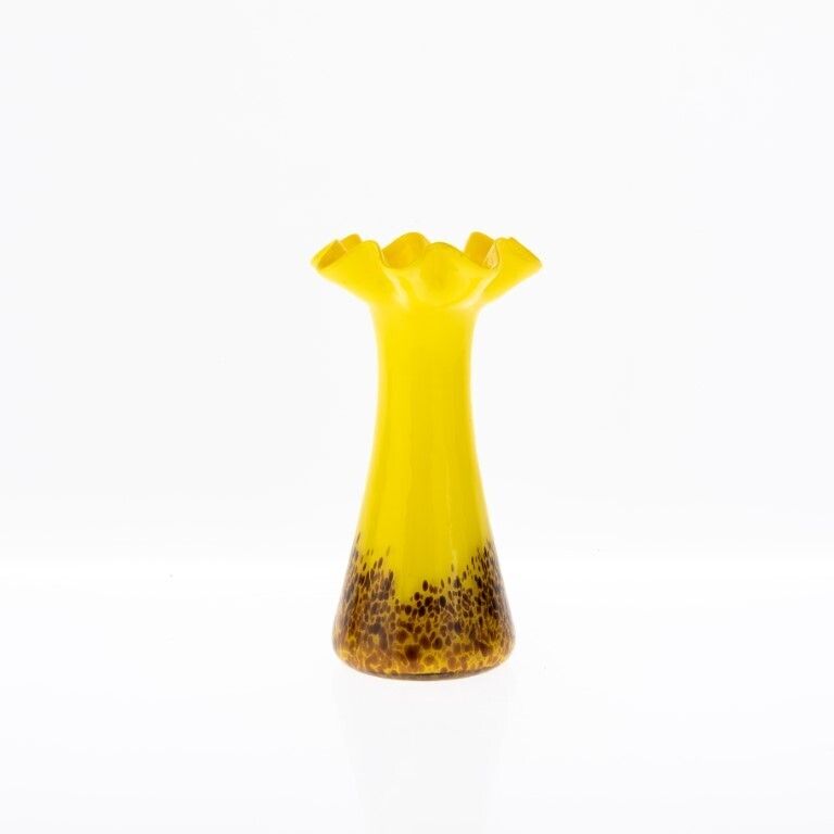 Art Deco Bohemian Czech Yellow Splatter Glass Vase photo for sale