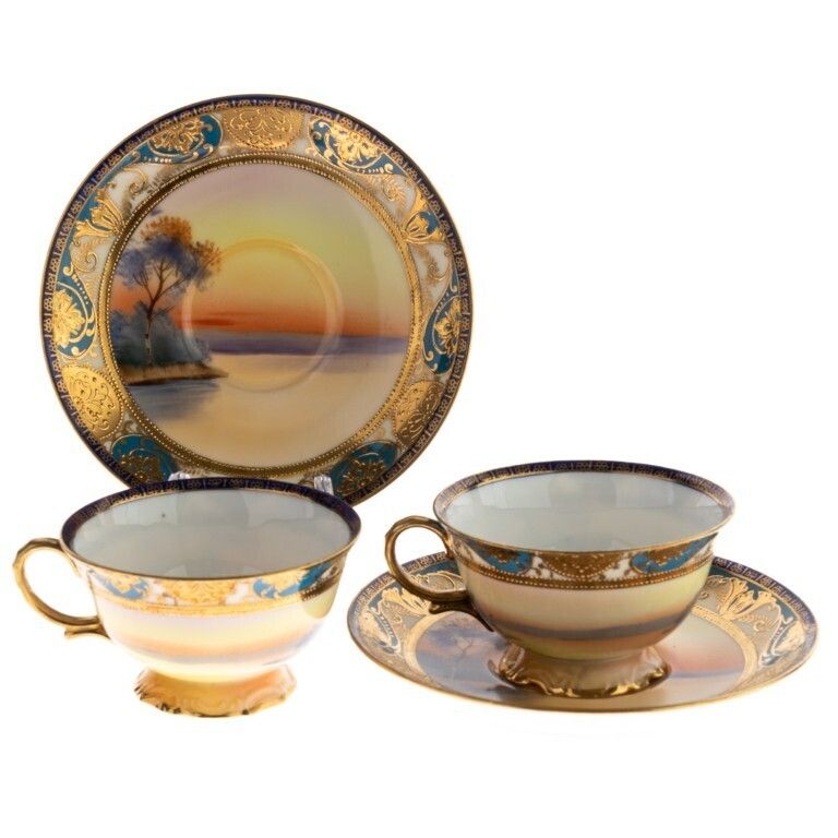Art Deco Set Of Japanese Noritake Hand Gilt Porcelain Sunset Landscape Teacups And Saucers