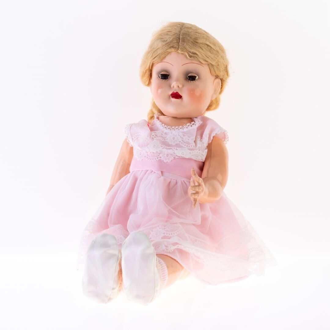 Mid Century English Roddy Hard Plastic Walker Doll In Pink Dress