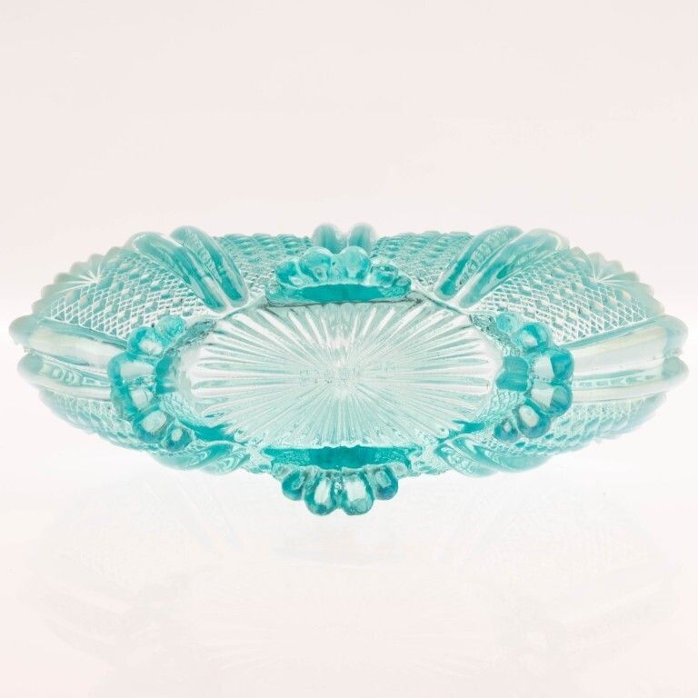 Antique Davidson Opalescent Victorian “Richelieu” Blue Pearline Pressed Glass Folded Basket photo for sale